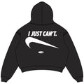 I Just Can't hoodie back design, padded on white square canvas