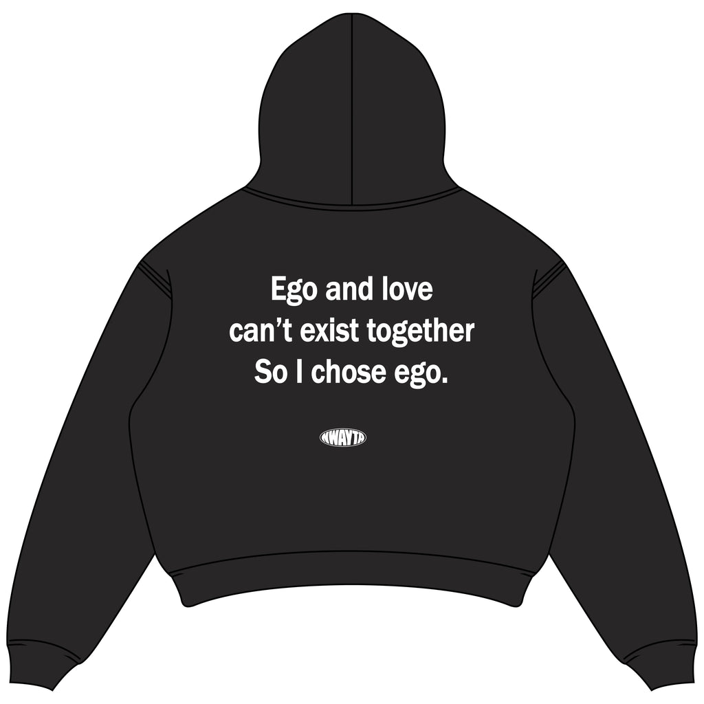 Black oversized cropped hoodie back view with white Ego and love quote and NWAYTA oval logo badge, padded on white square canvas