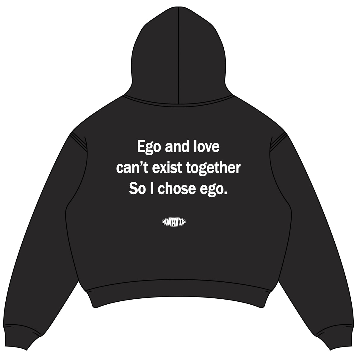 Black oversized cropped hoodie back view with white Ego and love quote and NWAYTA oval logo badge, padded on white square canvas