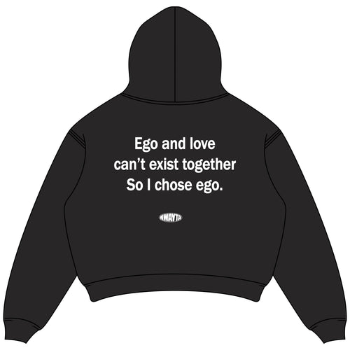 Black oversized cropped hoodie back view with white Ego and love quote and NWAYTA oval logo badge, padded on white square canvas