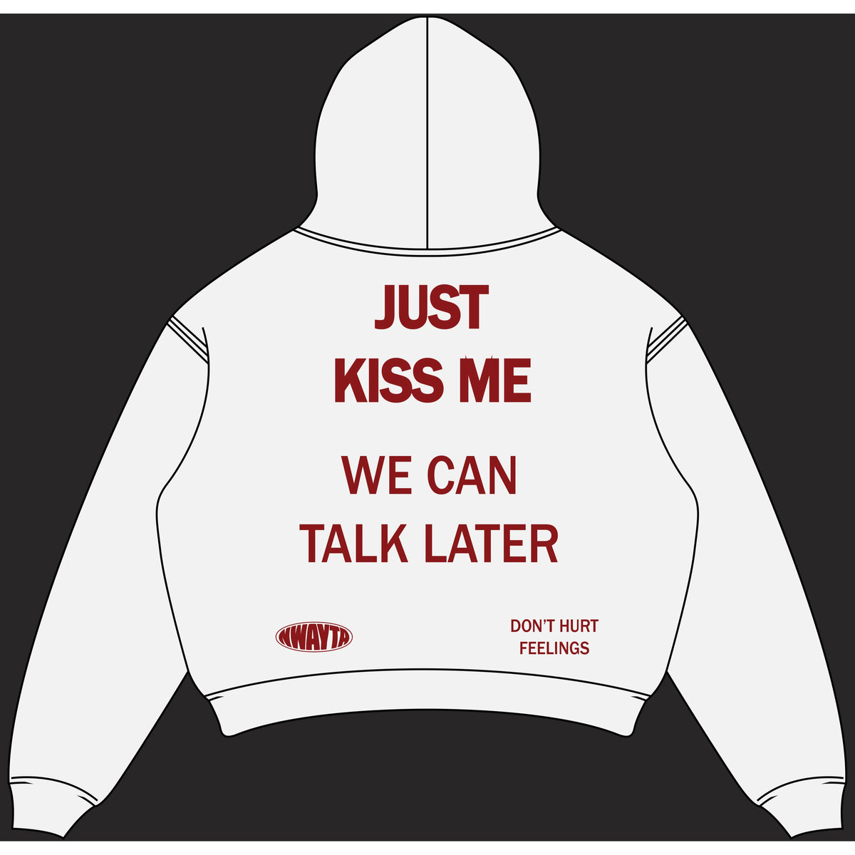 White NWAYTA Just Kiss Me oversized cropped hoodie back view with dark red quote design, padded on white square canvas