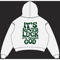 It's Never Luck hoodie back design, padded on white square canvas