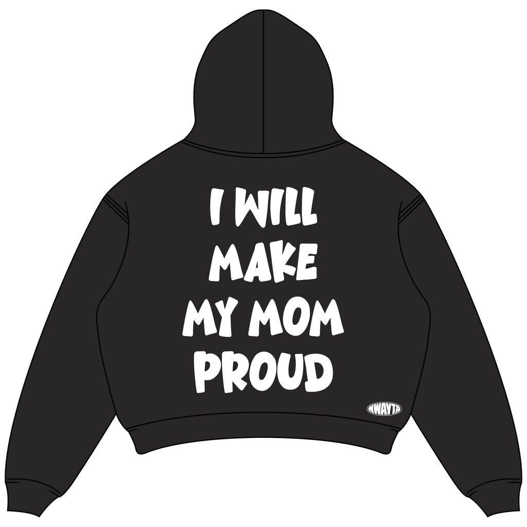 Black oversized cropped hoodie back view with I WILL MAKE MY MOM PROUD lettering and NWAYTA oval logo badge, padded on white square canvas