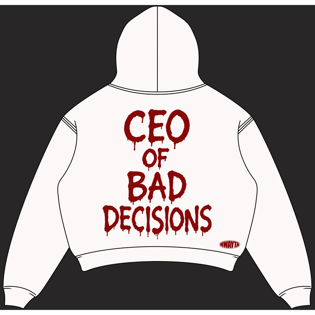 CEO Of Bad Decisions hoodie back design, padded on white square canvas