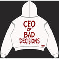 CEO Of Bad Decisions hoodie back design, padded on white square canvas