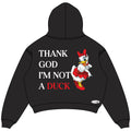 Thank God I'm Not A Duck hoodie back design, padded on white square canvas