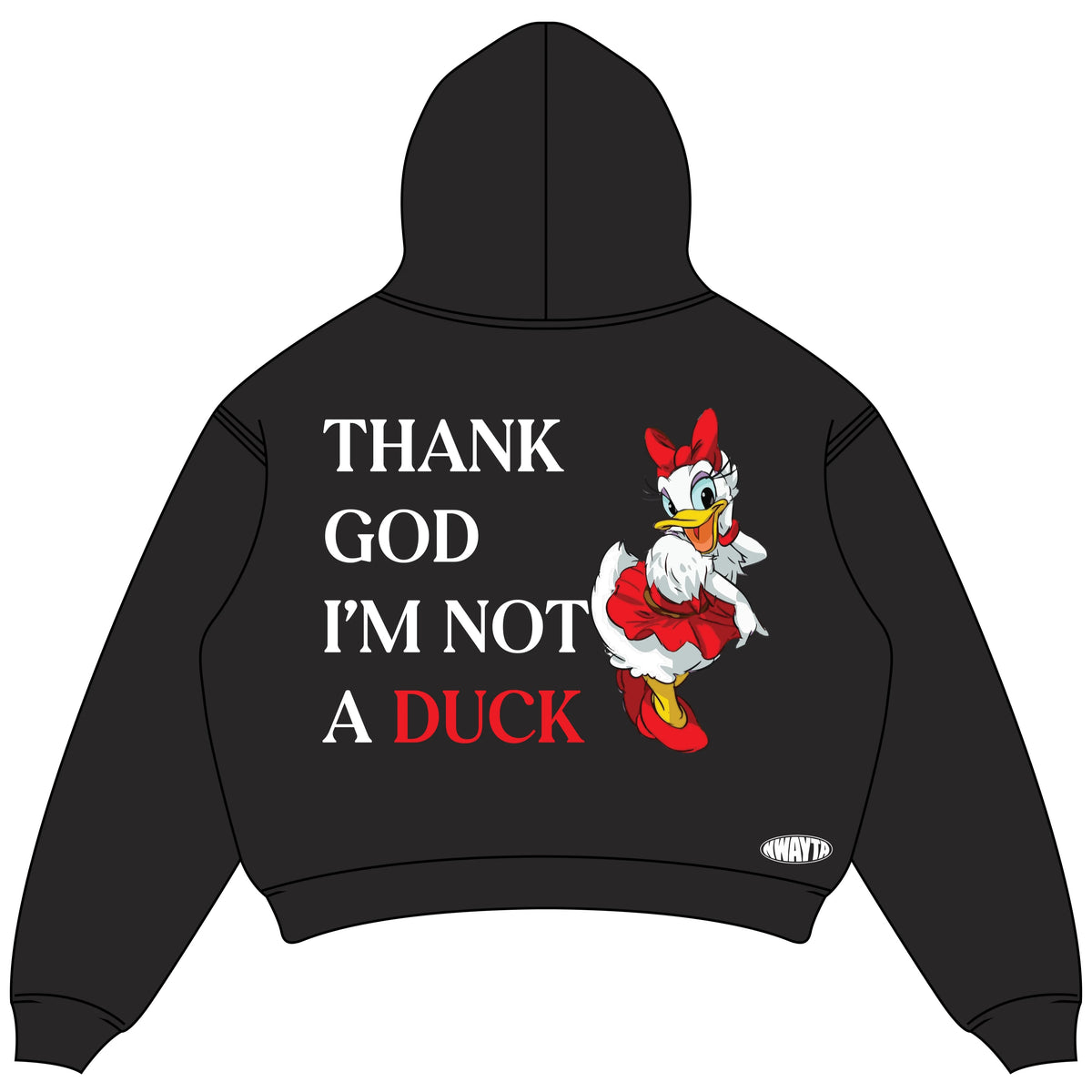 Thank God I'm Not A Duck hoodie back design, padded on white square canvas