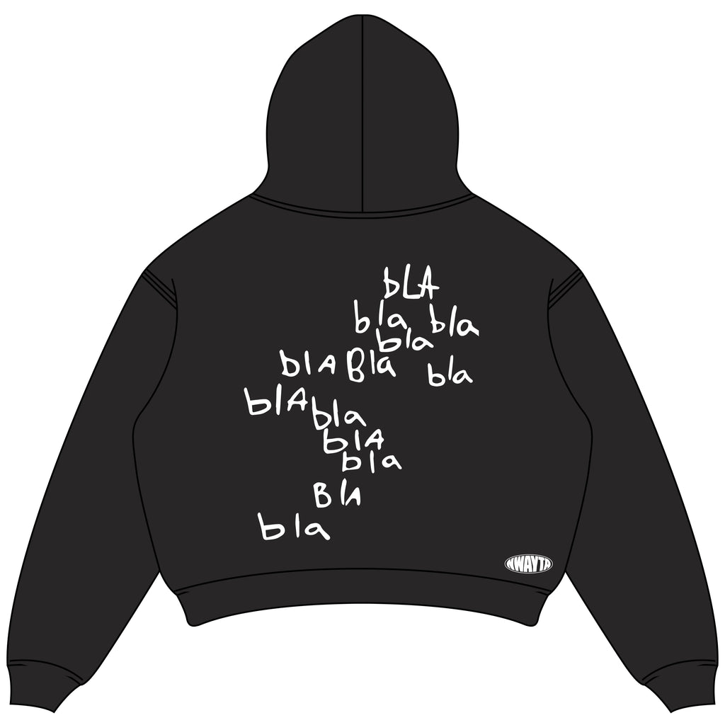 Bla Bla Bla hoodie back design, padded on white square canvas